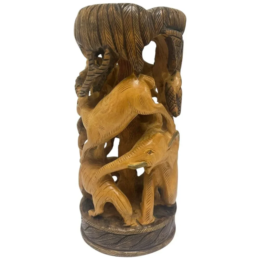 Vintage Hand Carved Round Hunting Shikar‎ Wooden Figurine Animals Forrest